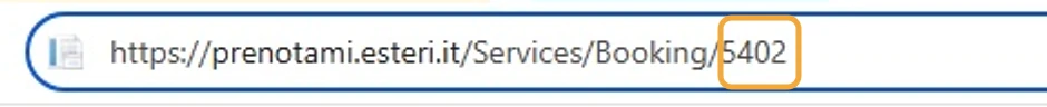 Browser address bar with https://prenotami.esteri.it/Services/Booking/5402, with the code 5402 highlighted