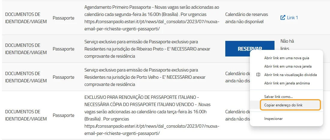 Right-click menu open over the Reservar button of another service, with the “Copiar endereço do link” (Copy link address) option highlighted